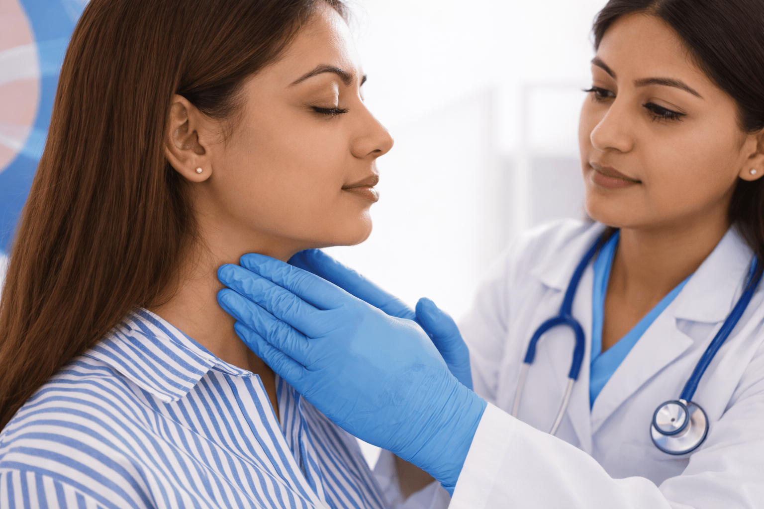 A woman undergoing thyroid detection for early diagnosis of thyroid.